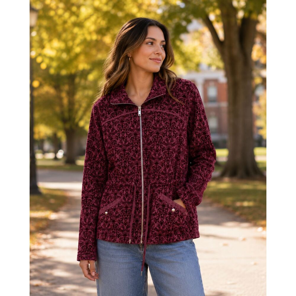 Christopher & Banks Womens Size XL Burgundy Flocked Floral Zip Jacket Velvet